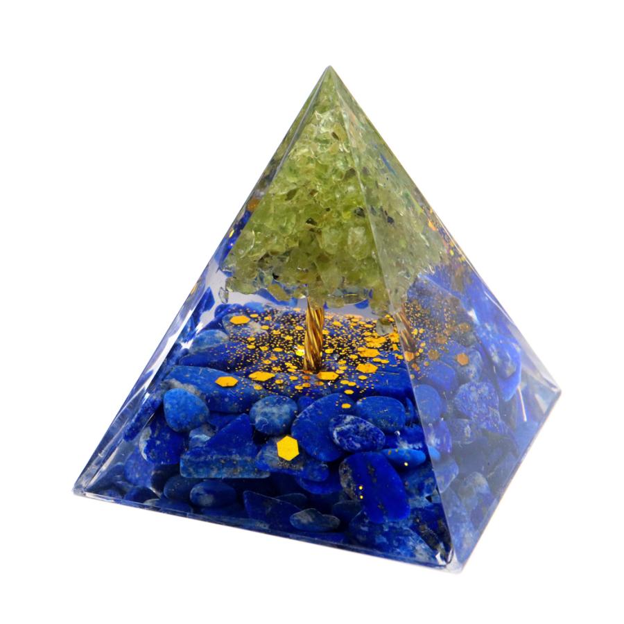 オルゴナイト ピラミッド 招財樹 ツリー 天然石 さざれ ラピスラズリ ペリドット 幅 約5cm orgonite pyramid 置物 パワーストーン