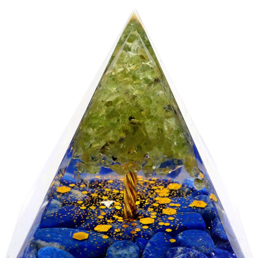 オルゴナイト ピラミッド 招財樹 ツリー 天然石 さざれ ラピスラズリ ペリドット 幅 約5cm orgonite pyramid 置物 パワーストーン