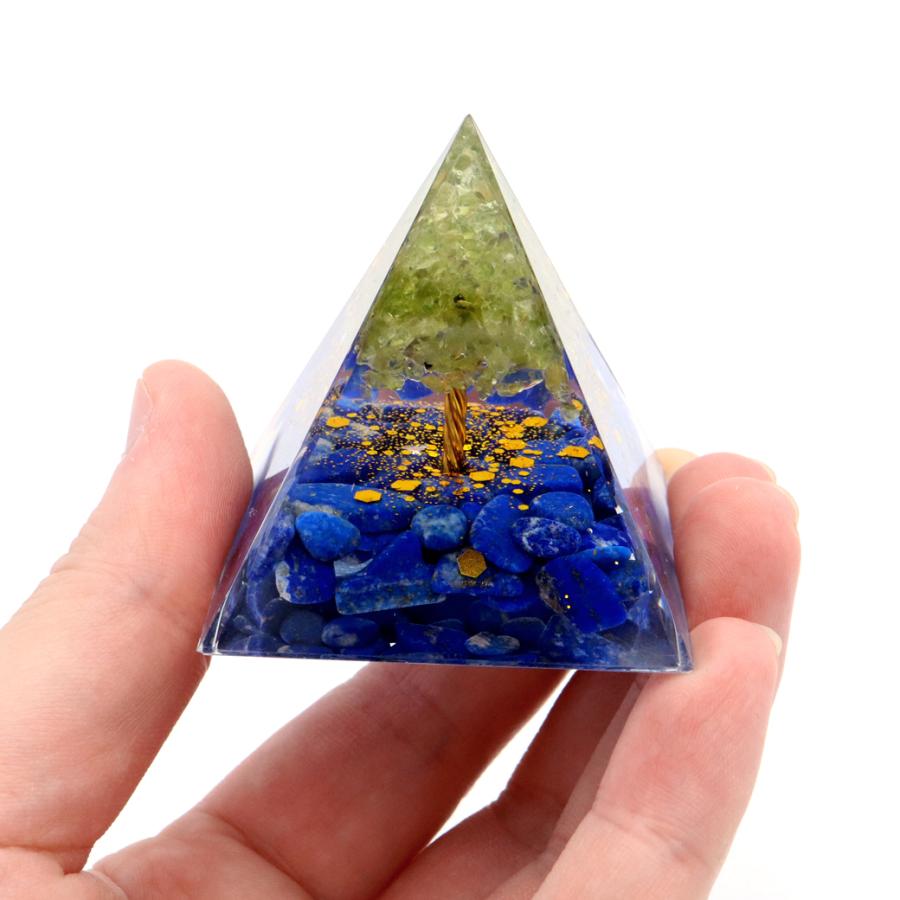 オルゴナイト ピラミッド 招財樹 ツリー 天然石 さざれ ラピスラズリ ペリドット 幅 約5cm orgonite pyramid 置物 パワーストーン